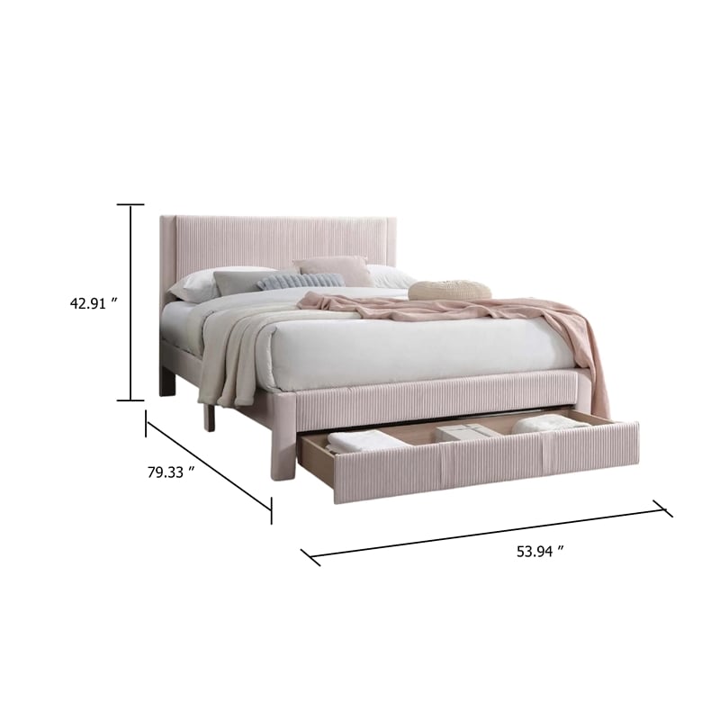 Pemberly Row Full Platform Bed with Drawer in Light Pink Corduroy