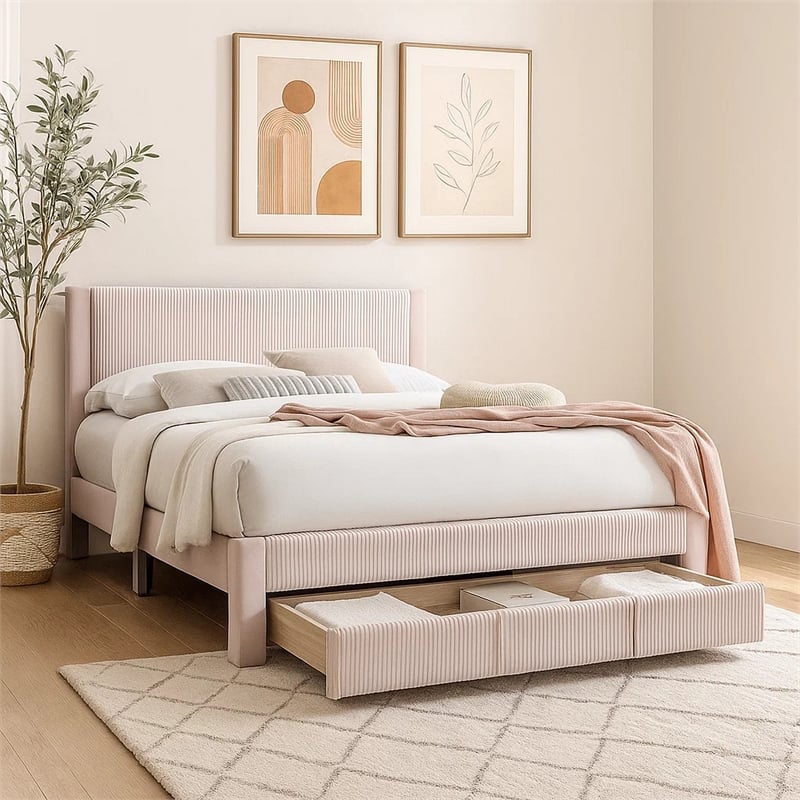 Pemberly Row Full Platform Bed with Drawer in Light Pink Corduroy
