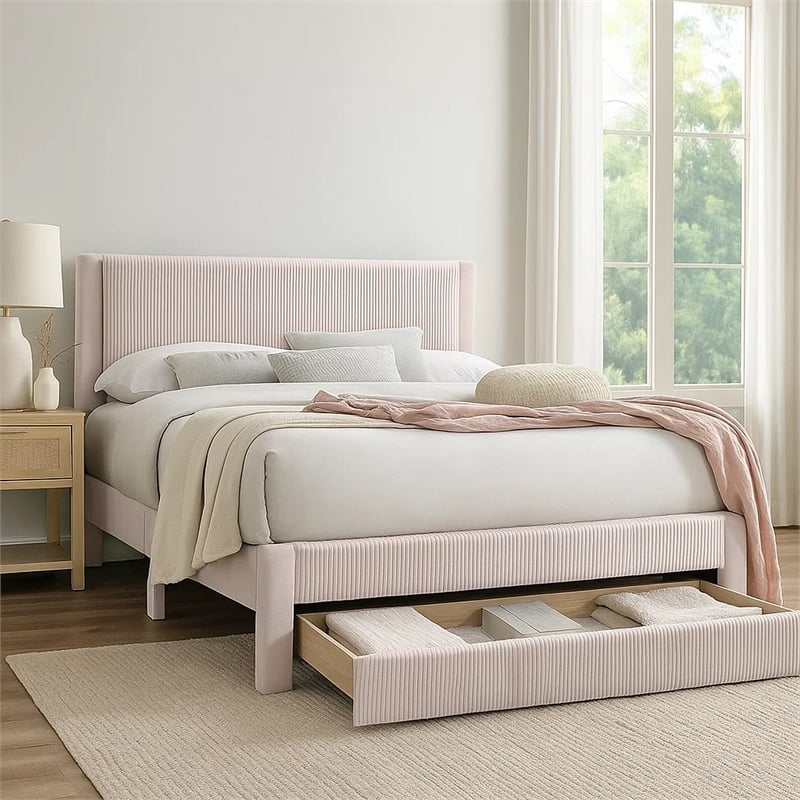 Pemberly Row Full Platform Bed with Drawer in Light Pink Corduroy