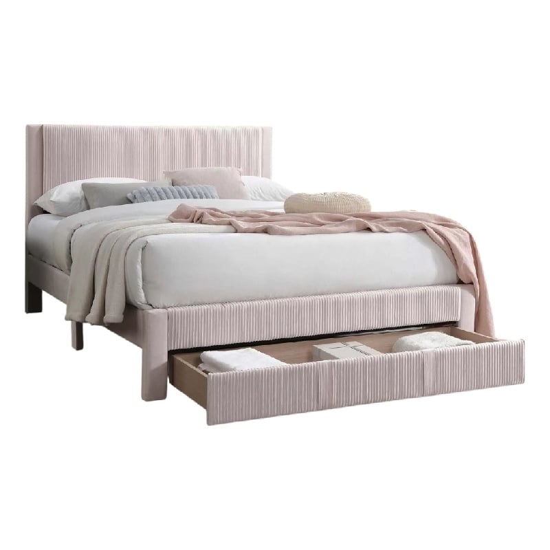 Pemberly Row Full Platform Bed with Drawer in Light Pink Corduroy