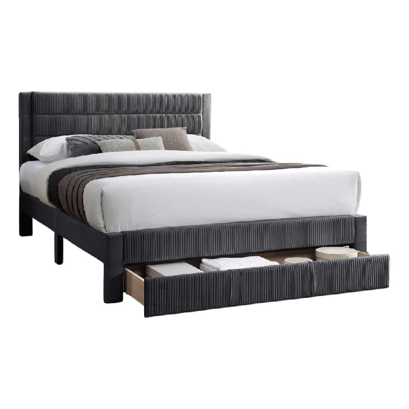 Pemberly Row Full Platform Bed with Drawer in Charcoal Gray Corduroy