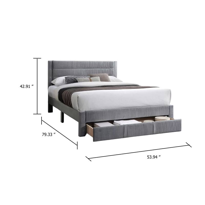 Pemberly Row Full Platform Bed with Drawer in Light Gray Corduroy