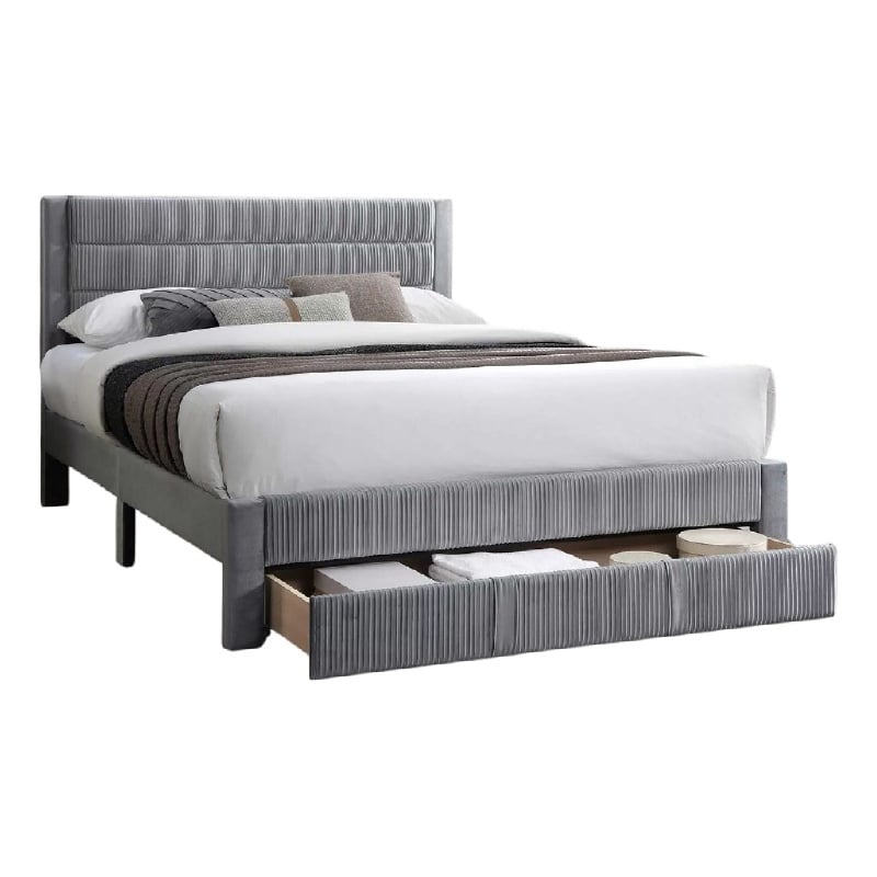 Pemberly Row Full Platform Bed with Drawer in Light Gray Corduroy