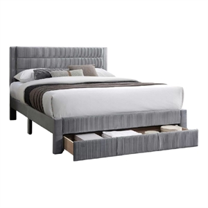 Pemberly Row Full Platform Bed with Drawer in Light Gray Corduroy