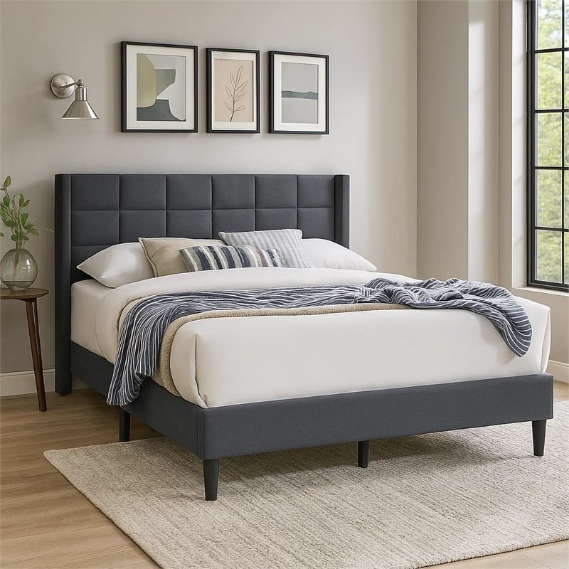 Pemberly Row Full Platform Bed with Wingback Headboard in Charcoal Linen