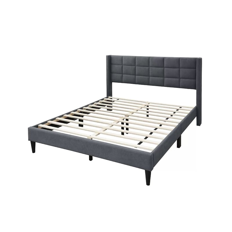 Pemberly Row Full Platform Bed with Wingback Headboard in Charcoal Linen