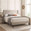 Pemberly Row Full Platform Bed with Tufted Wingback Headboard in Brown Burlap
