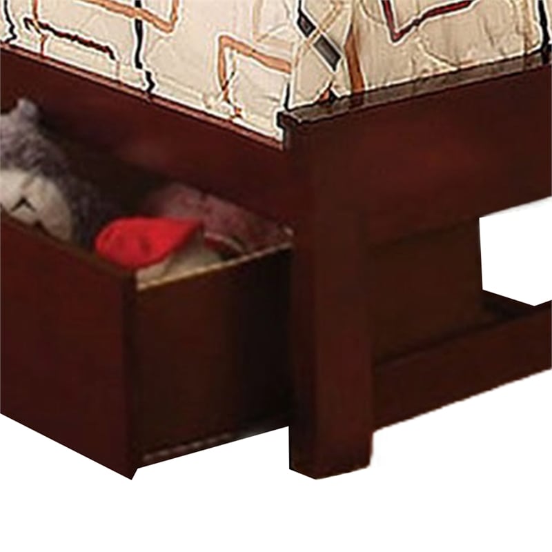 Pemberly Row Twin Size Bed with Slatted Headboard and Drawers in Cherry Brown