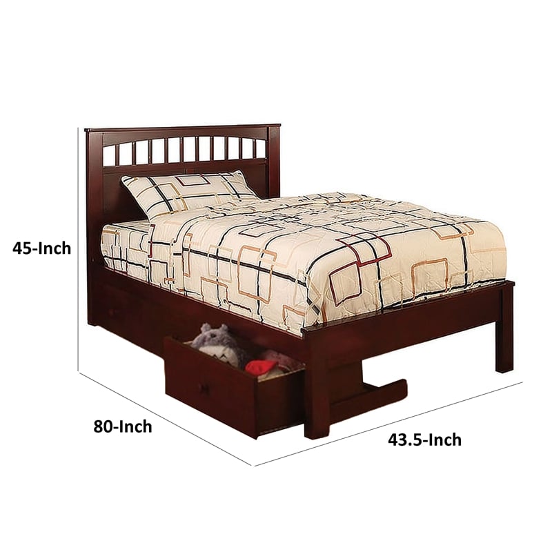 Pemberly Row Twin Size Bed with Slatted Headboard and Drawers in Cherry Brown