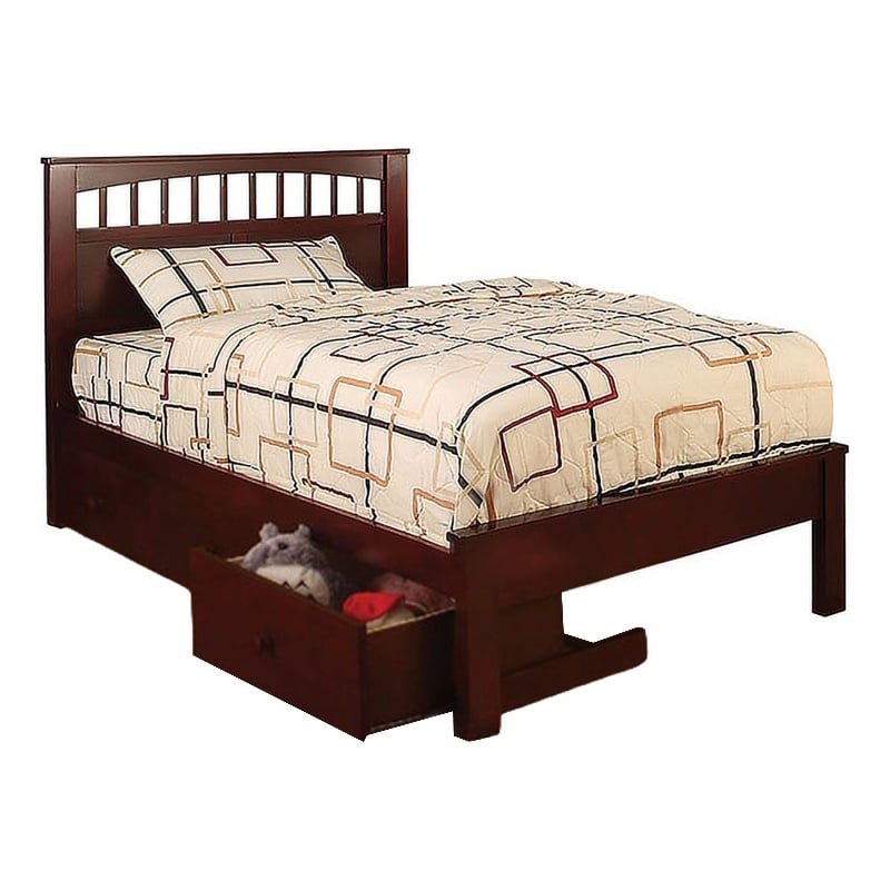 Pemberly Row Twin Size Bed with Slatted Headboard and Drawers in Cherry Brown