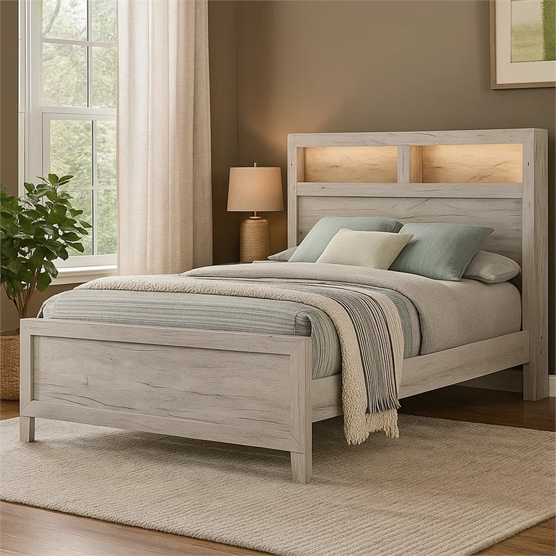 Pemberly Row Queen Size Bed with Headboard Shelves in White Wash