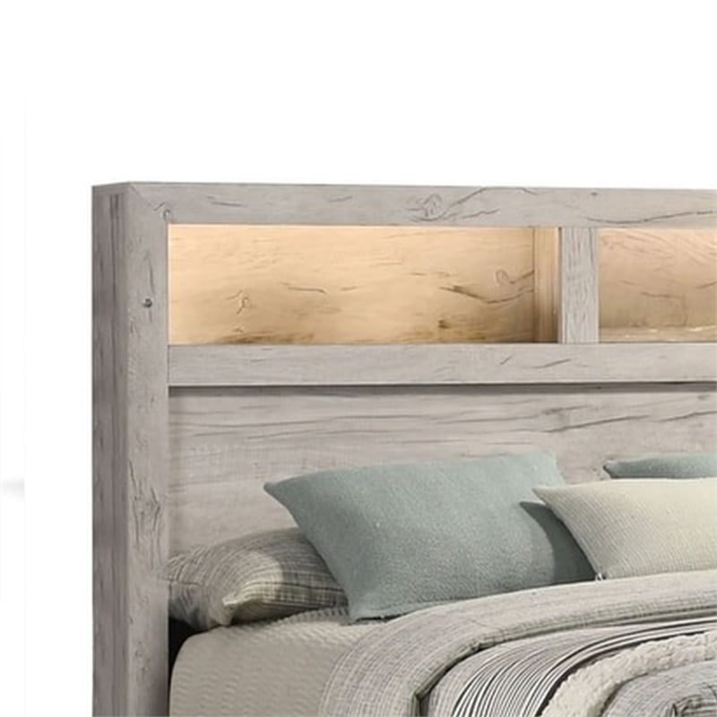 Pemberly Row Queen Size Bed with Headboard Shelves in White Wash