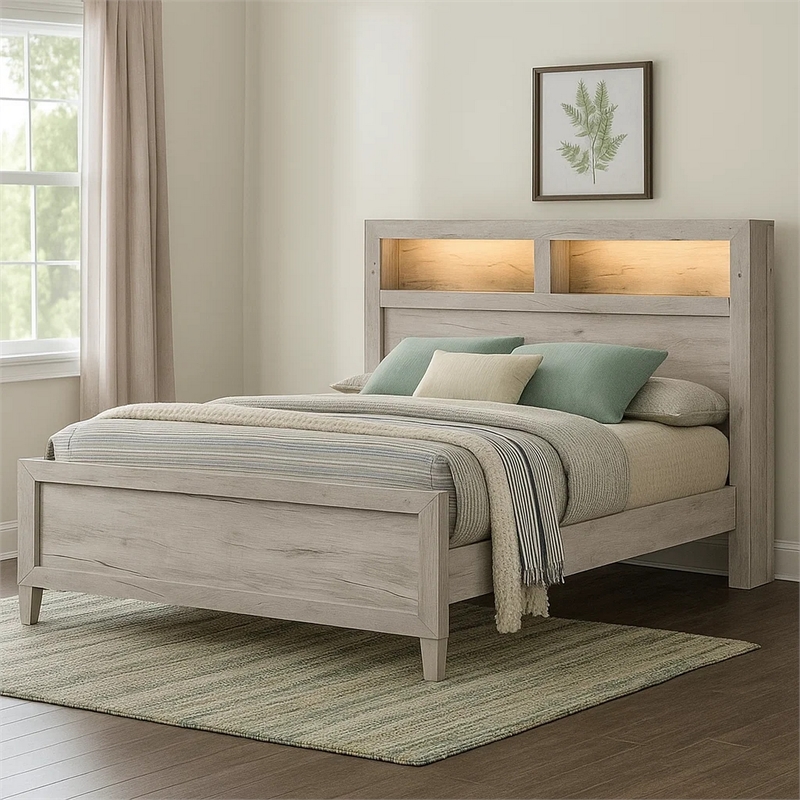 Pemberly Row Queen Size Bed with Headboard Shelves in White Wash