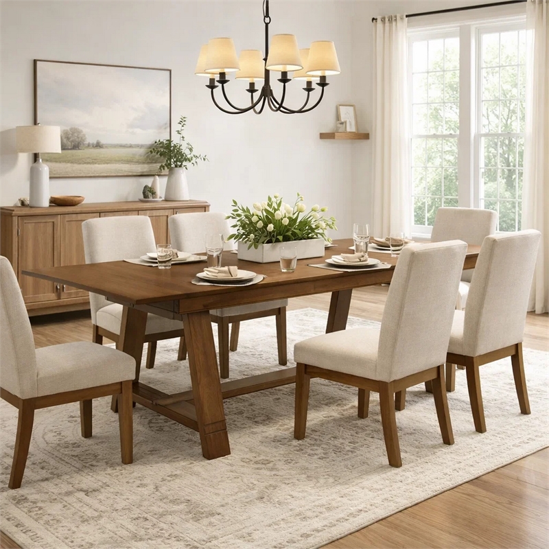 Pemberly Row Extendable Dining Table with Trestle Base in Hickory Brown