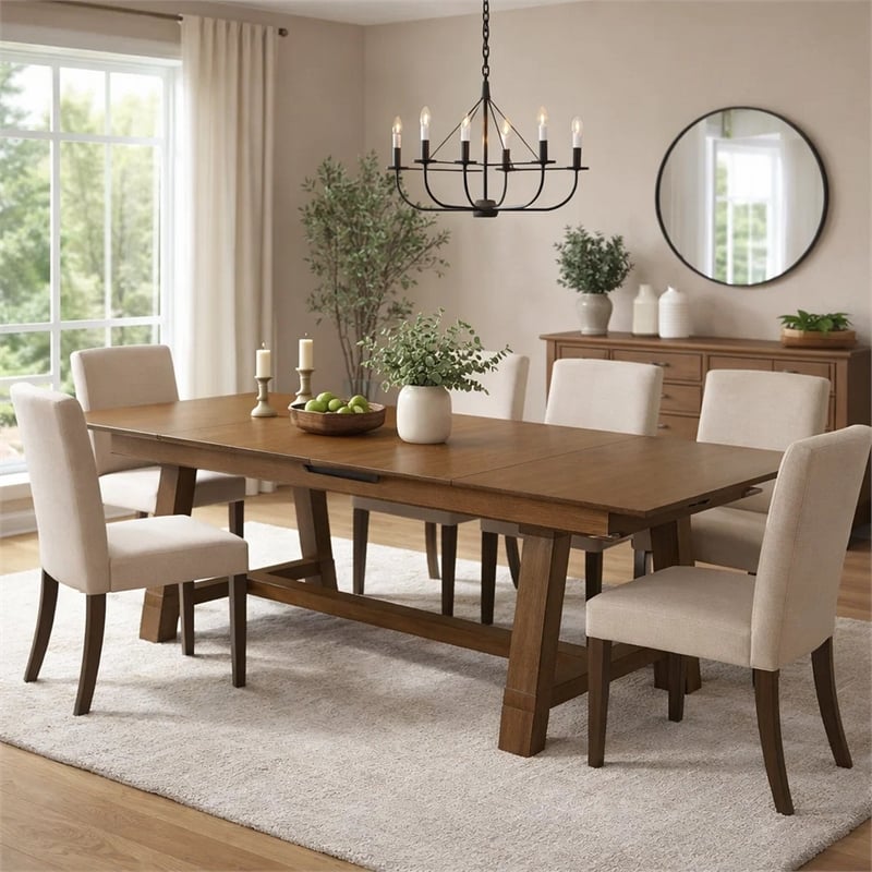 Pemberly Row Extendable Dining Table with Trestle Base in Hickory Brown