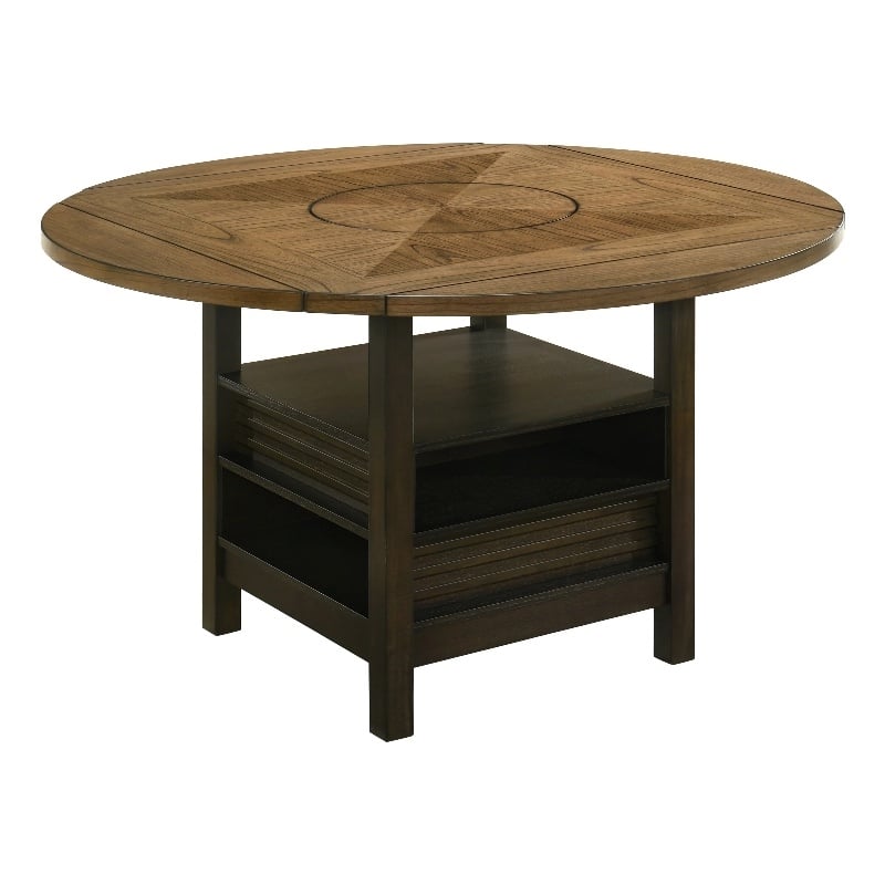Pemberly Row Counter Height Table with Lazy Susan and Shelves in Black and Brown