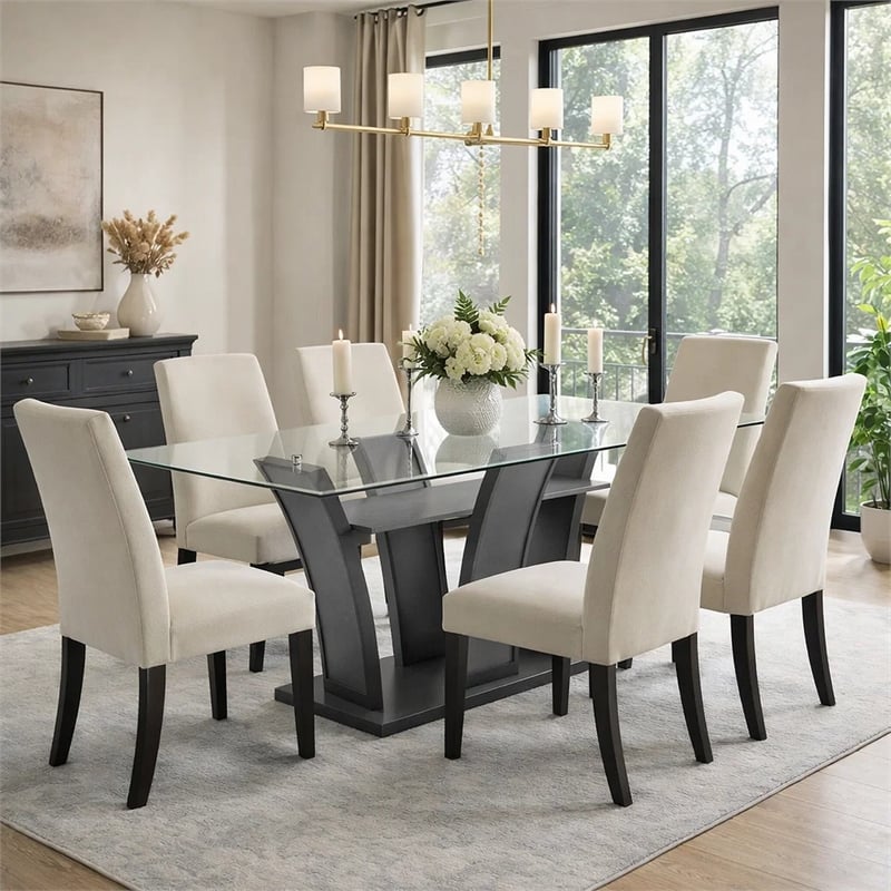 Pemberly Row 72-Inch Glass Top Dining Table with Pedestal in Dark Gray