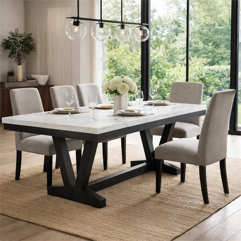 Pemberly Row 72-Inch Dining Table with White Marble Top and Black Trestle Base