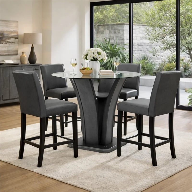 Pemberly Row 54-Inch Glass Top Counter Height Table with Pedestal in Dark Gray