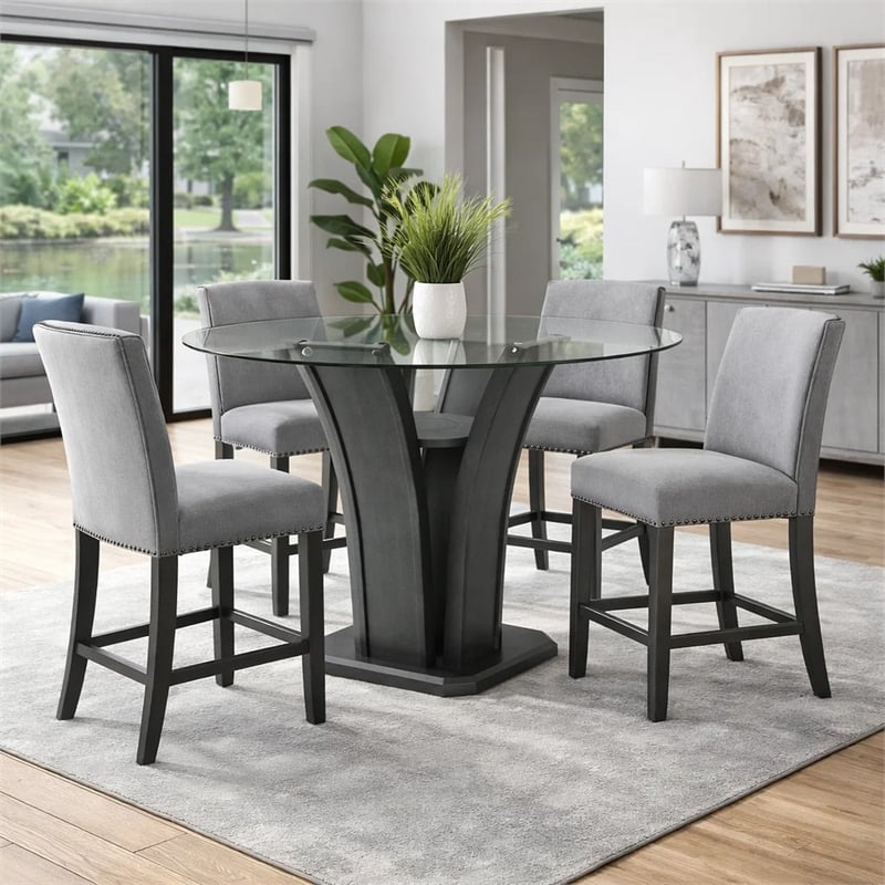 Pemberly Row 54-Inch Glass Top Counter Height Table with Pedestal in Dark Gray