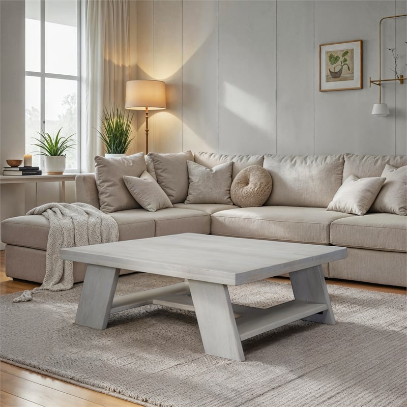 Pemberly Row 40-Inch Square Coffee Table in Biscotti White Mango Wood