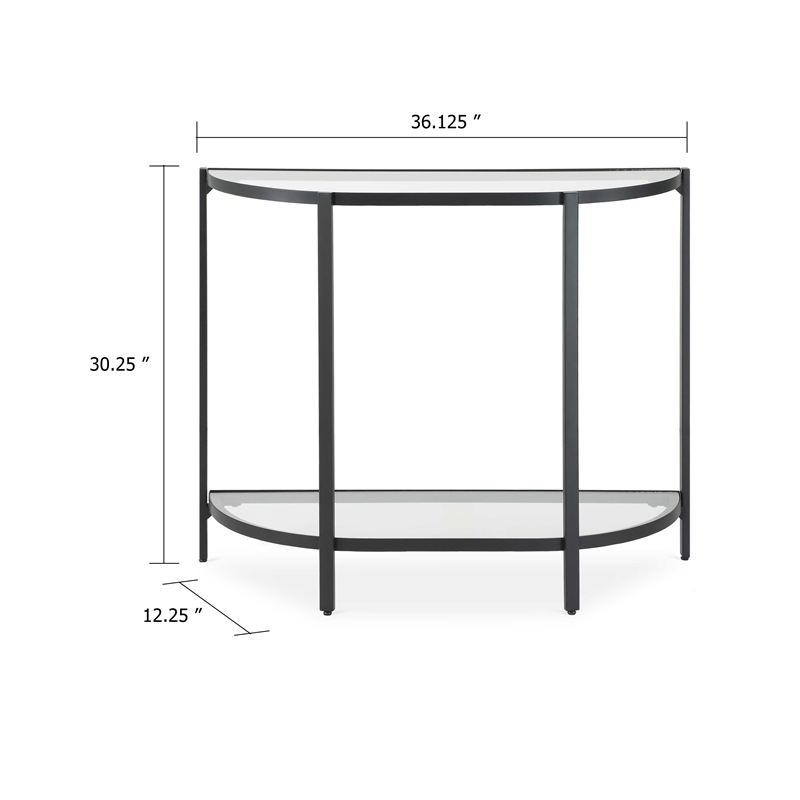 Pemberly Row 36-Inch Demilune Glass Console Table with Shelf in Black Iron