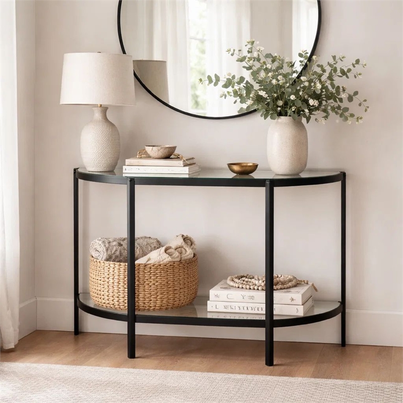 Pemberly Row 36-Inch Demilune Glass Console Table with Shelf in Black Iron