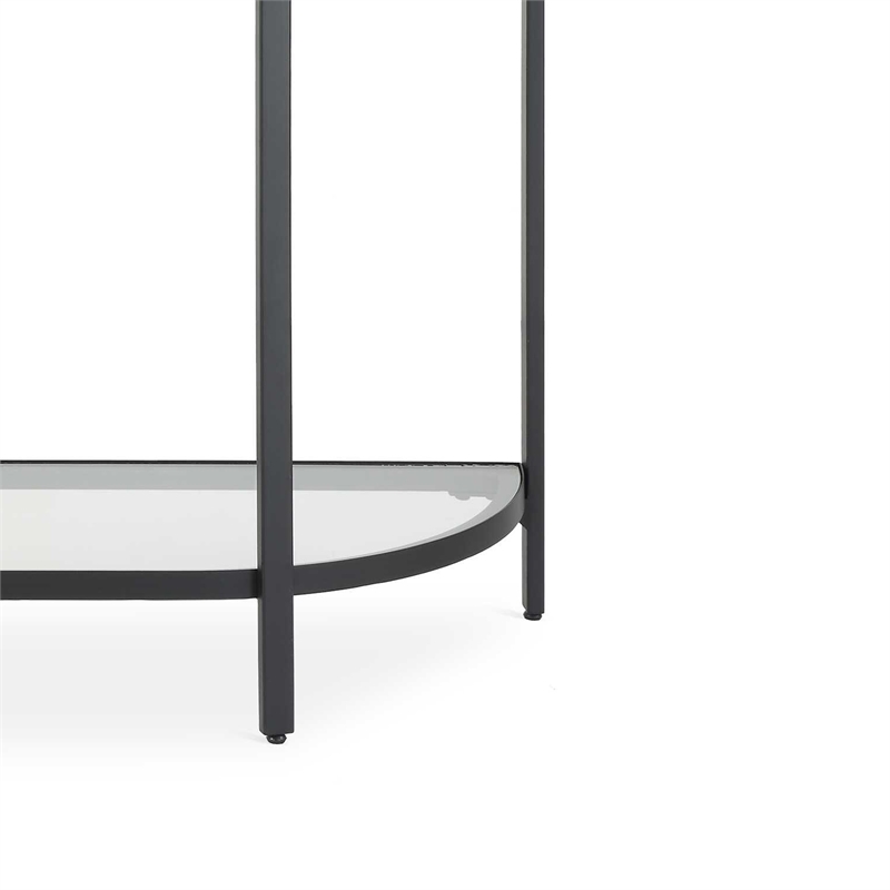 Pemberly Row 36-Inch Demilune Glass Console Table with Shelf in Black Iron