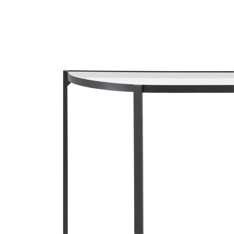 Pemberly Row 36-Inch Demilune Glass Console Table with Shelf in Black Iron