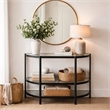 Pemberly Row 36-Inch Demilune Glass Console Table with Shelf in Black Iron