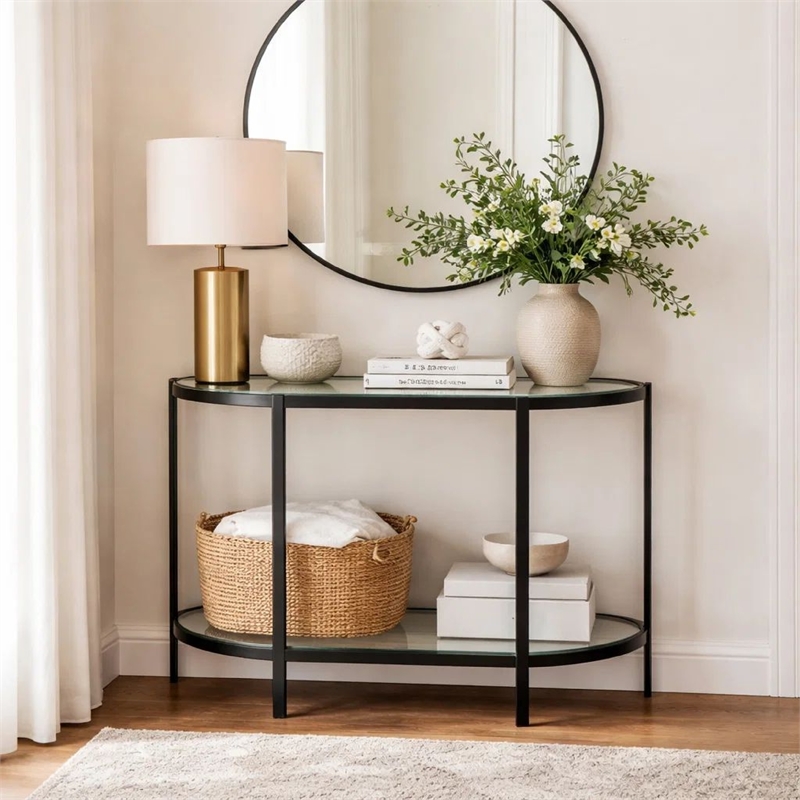 Pemberly Row 36-Inch Demilune Glass Console Table with Shelf in Black Iron