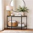 Pemberly Row 36-Inch Demilune Glass Console Table with Shelf in Black Iron
