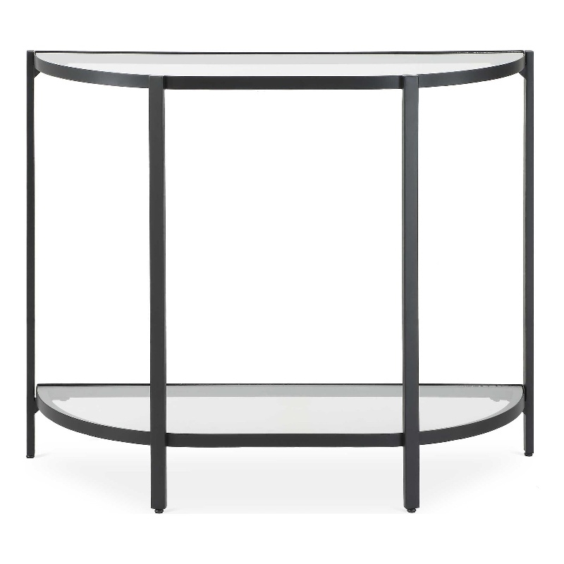 Pemberly Row 36-Inch Demilune Glass Console Table with Shelf in Black Iron