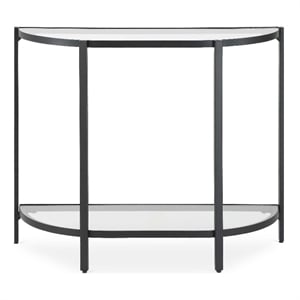 Pemberly Row 36-Inch Demilune Glass Console Table with Shelf in Black Iron