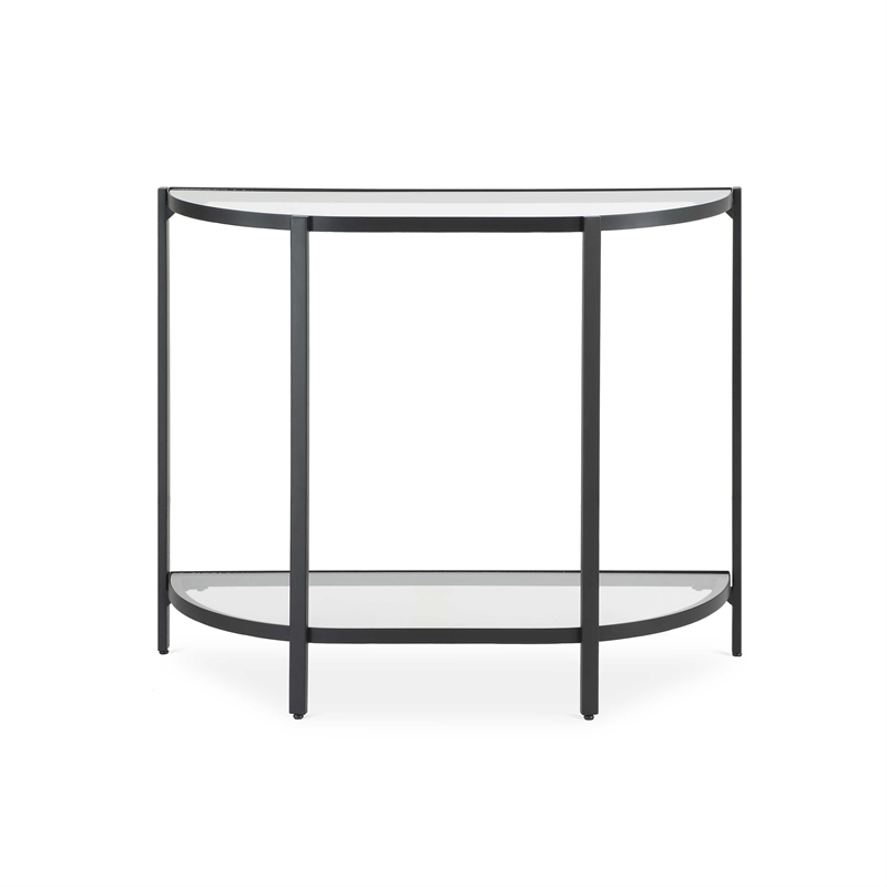 Pemberly Row 36-Inch Demilune Glass Console Table with Shelf in Black Iron