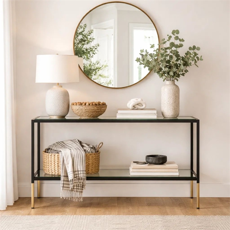 Pemberly Row 48-Inch Glass Console Table with Gold Accents in Black Iron