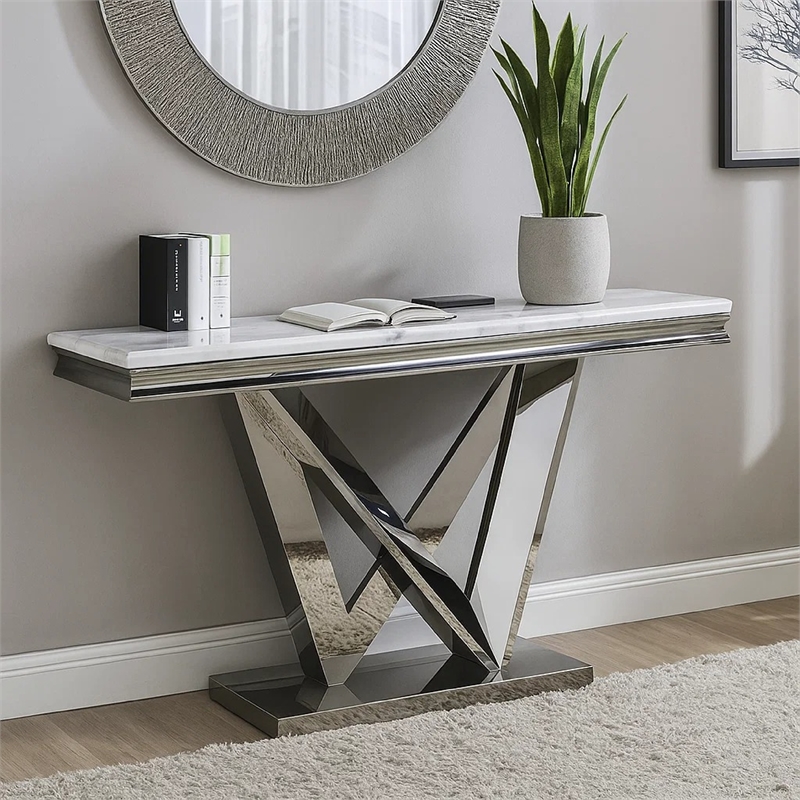 Pemberly Row 55-Inch Console Table with Faux Marble Top and Chrome V-Base
