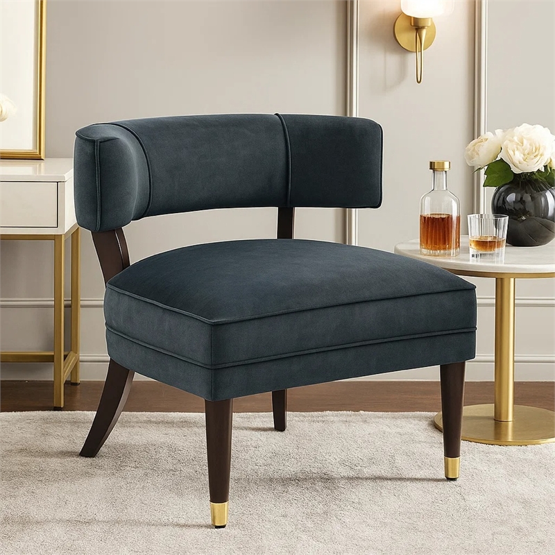 Pemberly Row Barrel Back Accent Armchair in Gray Velvet with Gold-Tip Legs