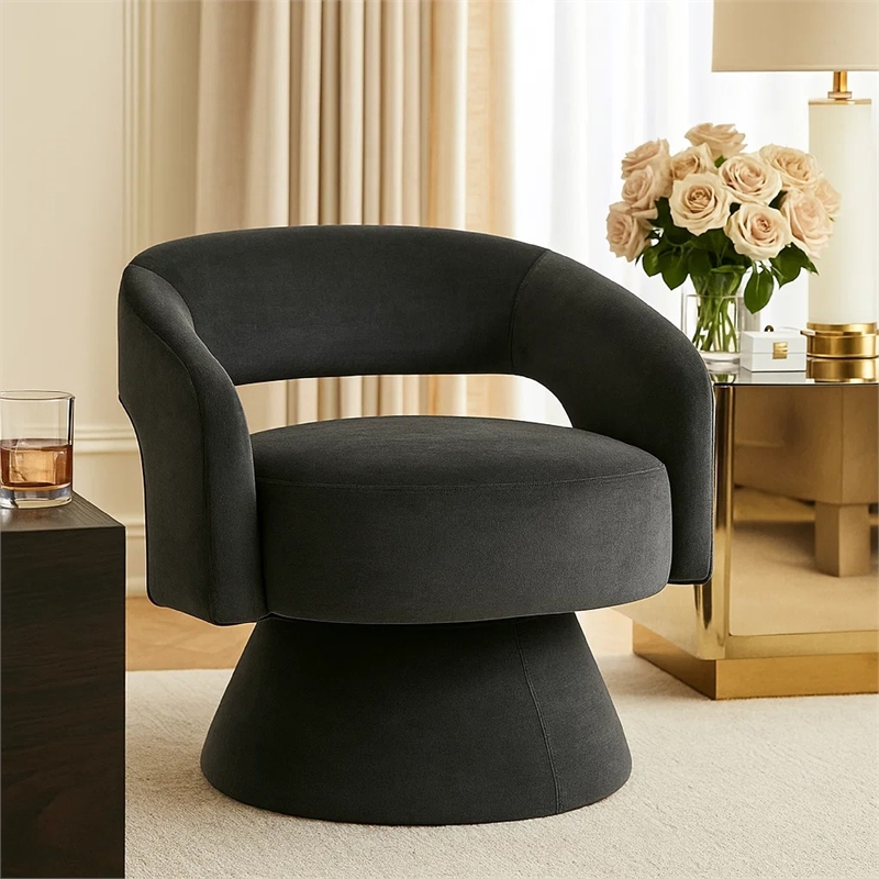 Pemberly Row Contemporary Barrel Swivel Accent Chair in Dark Gray Velvet