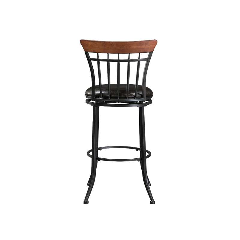 Pemberly Row Swivel Bar Height Chair in Brown Faux Leather with Black Metal