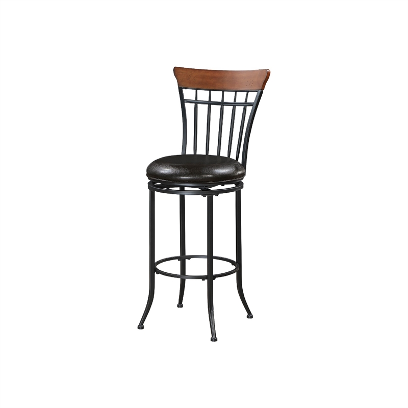Pemberly Row Swivel Bar Height Chair in Brown Faux Leather with Black Metal