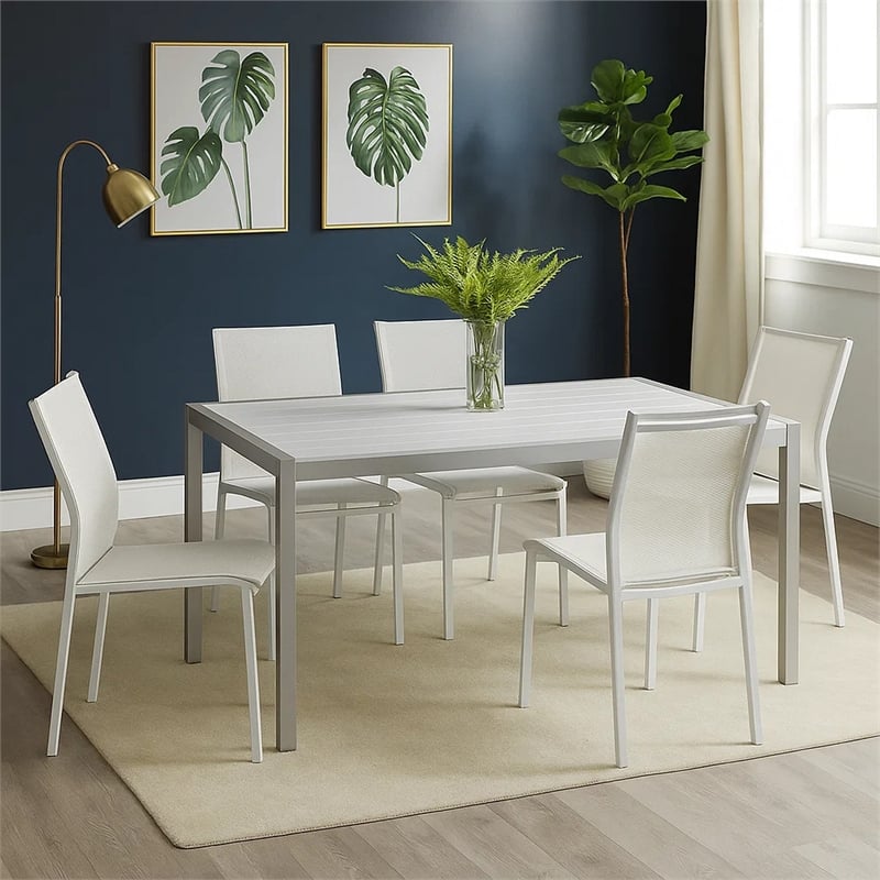 Pemberly Row Contemporary 71-Inch Outdoor Aluminum Dining Table in White