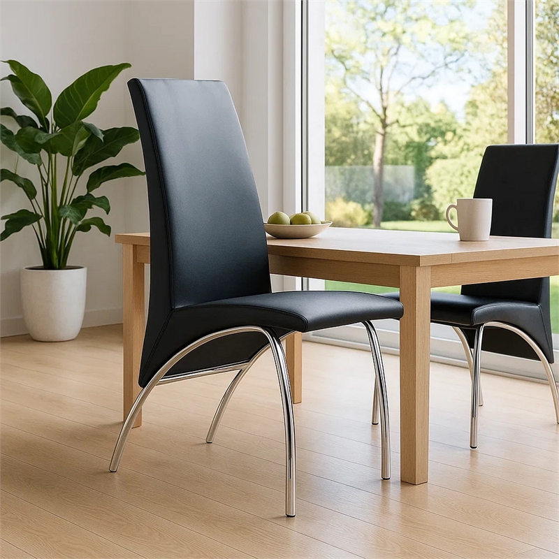 Pemberly Row Accent Chair Set of 2 with Chrome Legs in Black Vegan Faux Leather
