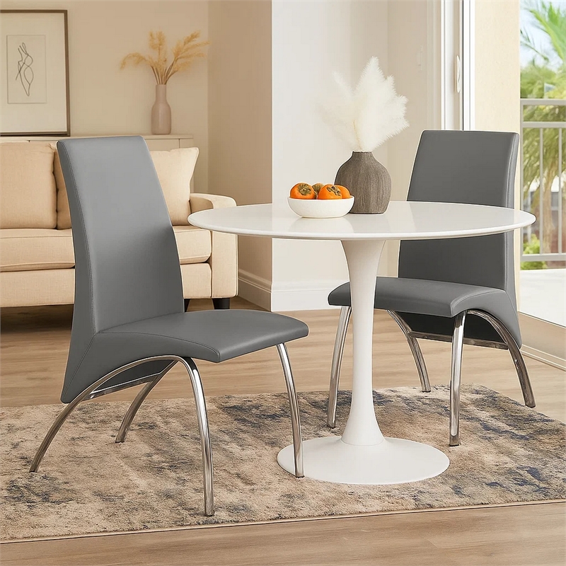 Pemberly Row Accent Chair Set of 2 with Chrome Legs in Gray Vegan Faux Leather