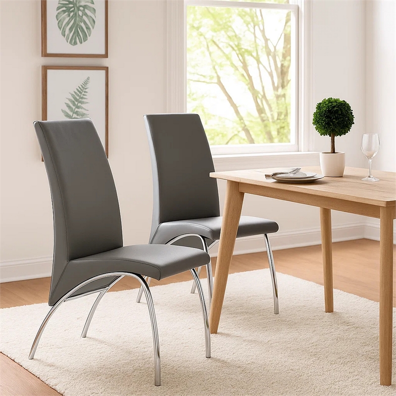 Pemberly Row Accent Chair Set of 2 with Chrome Legs in Gray Vegan Faux Leather