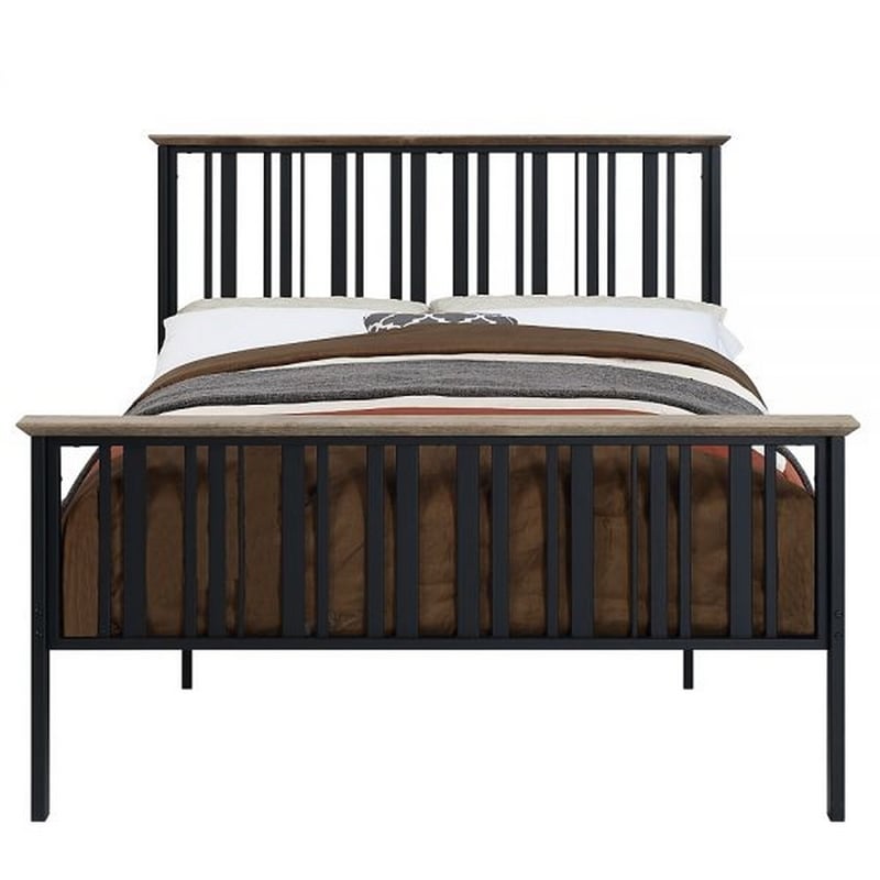 Pemberly Row Full Bed with Slatted Metal Frame in Oak Brown and Black MDF Wood