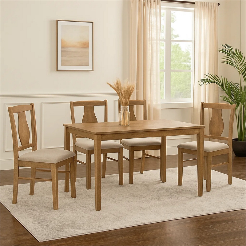 Pemberly Row 5 Piece Dining Table Set with 4 Chairs in Weathered Oak Rubberwood
