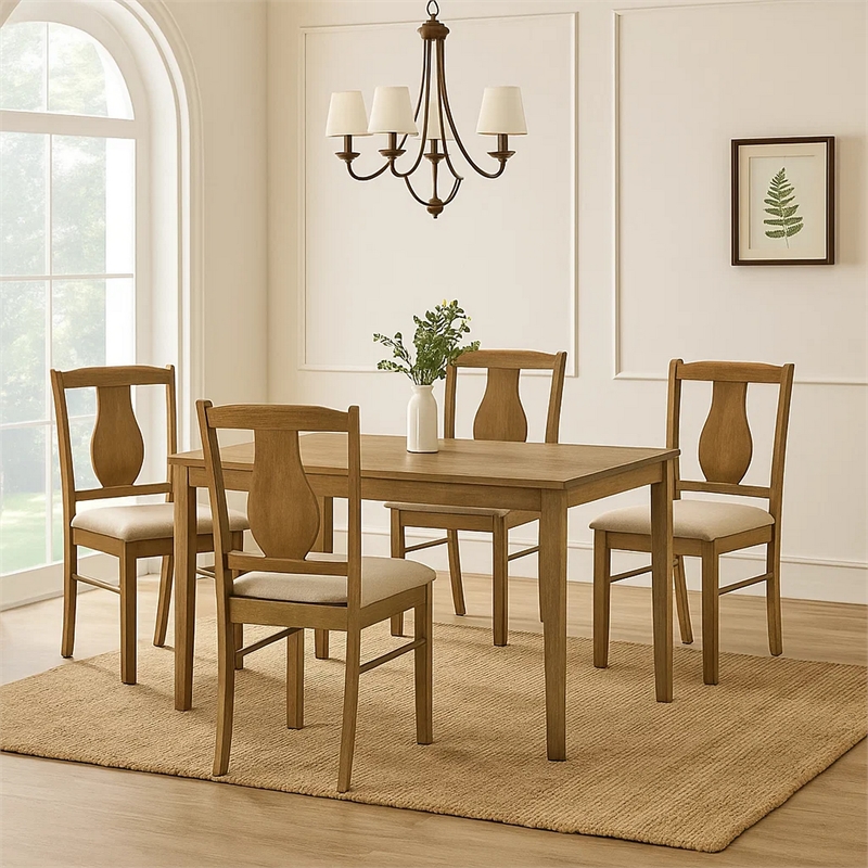 Pemberly Row 5 Piece Dining Table Set with 4 Chairs in Weathered Oak Rubberwood