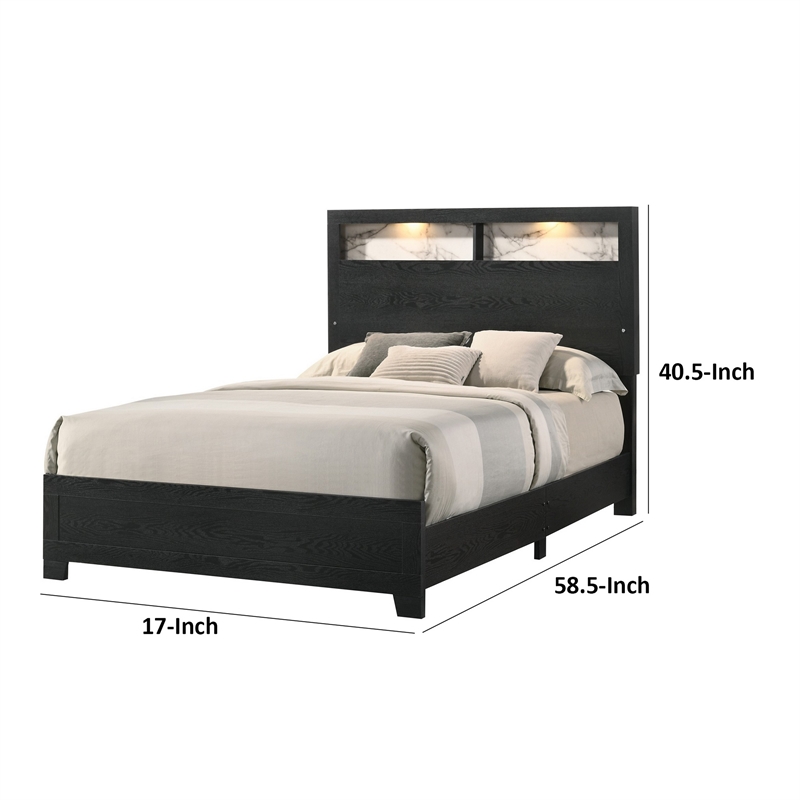 Pemberly Row King Size Bed with Wood Headboard with Lights and Shelves in Black