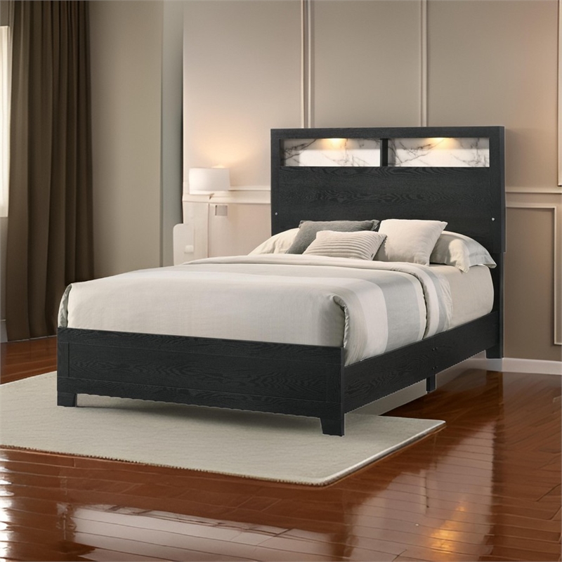 Pemberly Row King Size Bed with Wood Headboard with Lights and Shelves in Black
